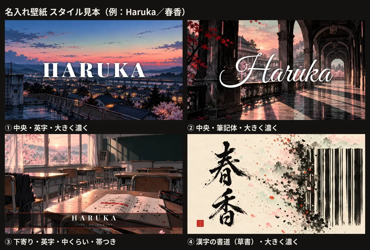 名入れのスタイル見本 ①〜④（例：Haruka／春香）