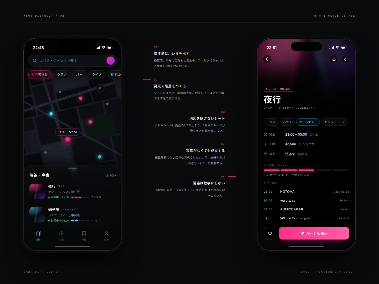 Neon District 画面詳細 — 発光ピンを置いた地図ビューと店舗詳細画面、設計意図の注釈