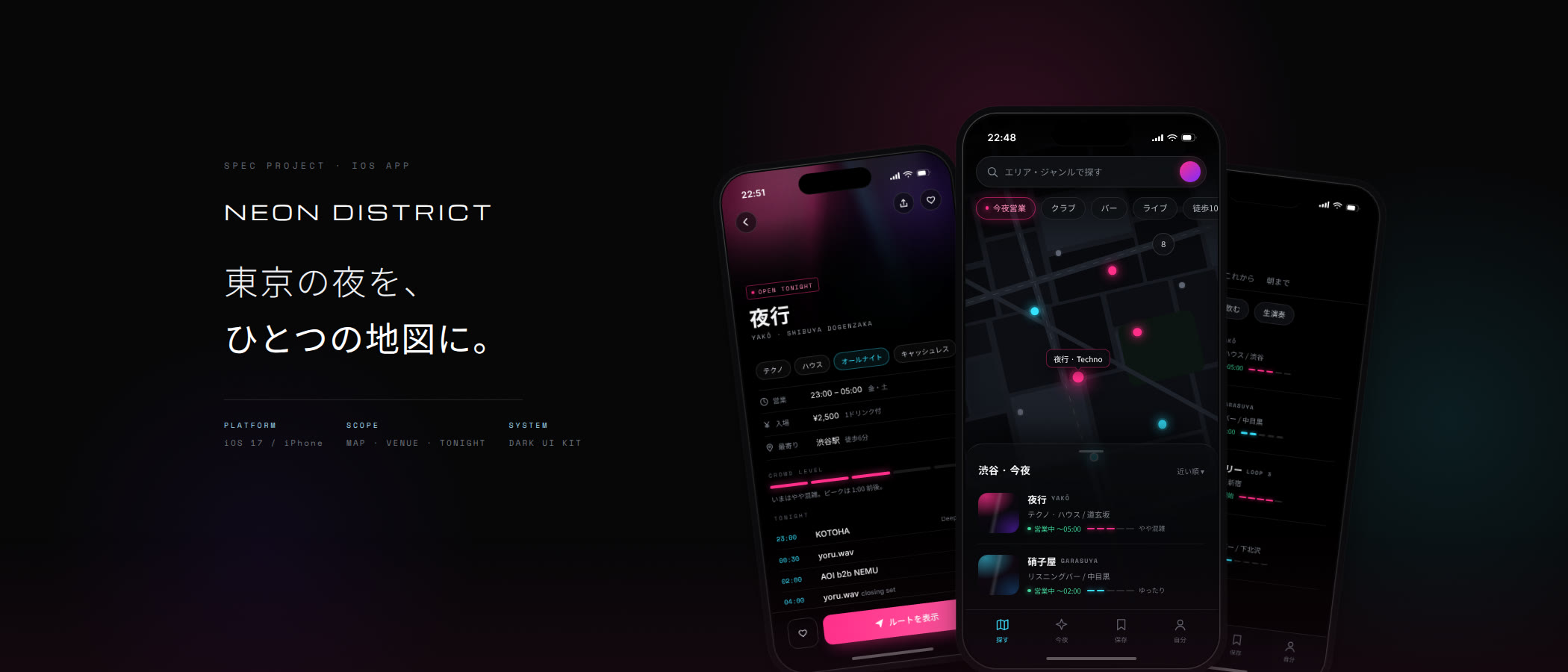 Neon District キービジュアル — 地図・店舗詳細・今夜のリストの3画面を並べたダークUI